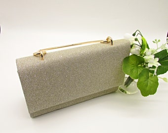 May include: A silver sparkly clutch with a gold top handle. The clutch has a rectangular shape and a textured surface.