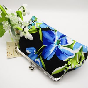 Blue and Black Floral Clutch Purse, Clutch Purse, Clutch Bag, Wedding Clutch Bag, Floral Clutch Bag, Handmade Clutch Bag, Ladies Gifts
