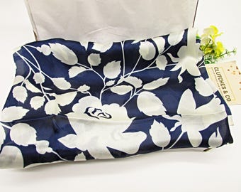 Navy Floral Silk Scarf, Women&#39;s Silk Scarf, Spring Summer Scarf, Large Scarf, Women&#39;s Accessories, Women&#39;s Scarf, Gifts for Her