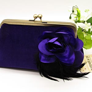 Purple Velvet Clutch Purse with Removable Flower – Handmade Floral Wedding Bag, Elegant Evening Clutch, Gift for Her, Bridesmaid Bag