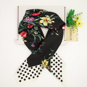 Ladies Neck Scarf, Black Floral Scarf with Polka Dots, Hair Scarf, 70 x 70 cm Scarf, Silky Satin Scarf, Women&#39;s Scarf, Headscarf