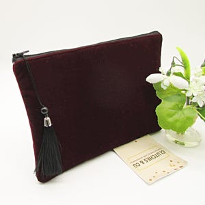 Bolsa de mão com zíper de veludo bordô, bolsa de mão com zíper, bolsa grande para noite, bolsa feminina bordô, bolsa com borla, bolsa de mão de veludo