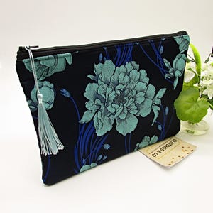 Bolsa de mão com zíper para senhoras, bolsa de mão com zíper com design floral azul-marinho e verde-água, bolsa de mão grande para noite, bolsa de mão com zíper floral jacquard com borla