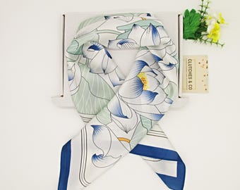 Floral Satin Scarf: Blue & White Ladies Neck/Hair Scarf (70x70 cm)