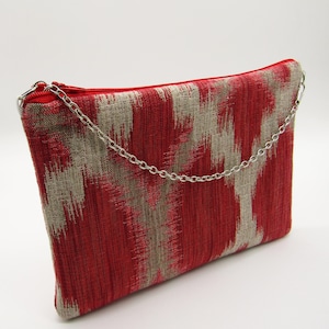 IKAT Design Bolsa grande com zíper, bolsa com zíper vermelho terra e cáqui natural, bolsa com zíper com alça de corrente, presentes para mulheres