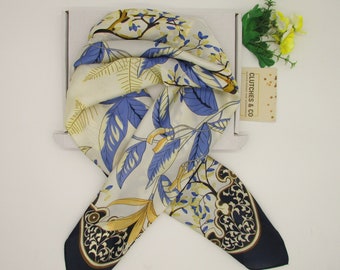 Pastel Blue Floral Scarf: Silky Satin Neck/Hair Scarf (70x70 cm)
