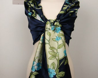 Ladies Silk Scarf/ Women&#39;s Silk Scarf/ Spring Summer Scarf/ Navy Floral Large Scarf/ Women&#39;s Accessories, Women&#39;s Scarf, Gifts for Her