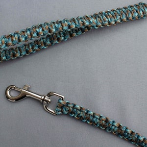 May include: A blue and brown paracord dog lead with a silver metal clip.