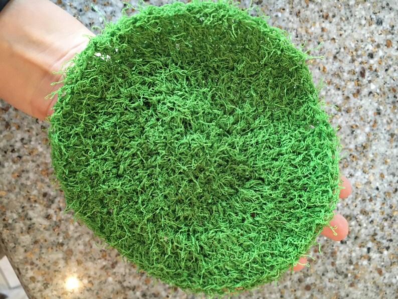May include: A green, round, crocheted scrubby made of yarn.