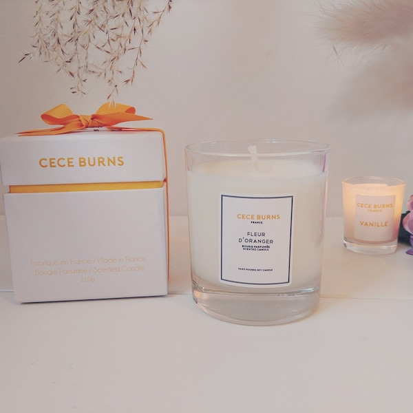 Cece Burns Bougie Parfumée Fleur d'oranger, Bougie en Cire Naturelle pour la Maison, 45 H de Combustion, Emballage Soigné, Bougie 210g