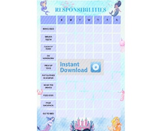 Daily chores responsibility chart printable, Daily responsibility chart for kids, Mermaid theme, A4 Digital Download, PDF, SVG, PNG