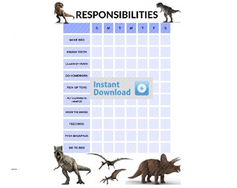 Daily chores responsibility chart printable, Daily responsibility chart for kids, Dinosaurs theme, A4 Digital Download, PDF, SVG, PNG