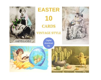 Digital download file, 10 Cards, Easter cards, Vintage style cards, Easter card printable, Easter digital art, Easter cards set