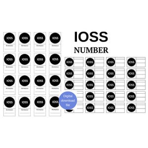 IOSS-nummer, blanco, A4, Twee verschillende verpakkingsstickers, IOSS om af te drukken, Digitaal downloadbestand