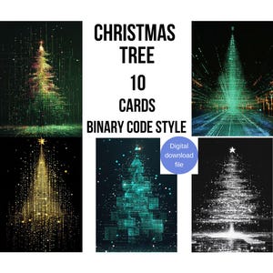Kerstboom, Nieuwjaarsboom, Binaire codestijl, Set 10 kaarten, Digitaal downloadbestand, JPG, PNG, SVG
