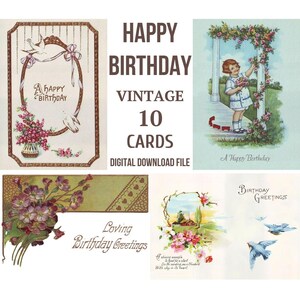 Tarjetas de feliz cumpleaños, Tarjetas de cumpleaños, Postales navideñas antiguas, 10 tarjetas, Tarjetas para imprimir, Archivo de descarga digital