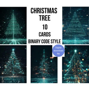 Kerstboom, Nieuwjaarsboom, Binaire codestijl, Set 10 kaarten, Digitaal downloadbestand, JPG, PNG, SVG