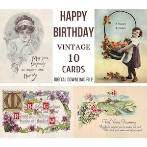 Tarjetas de feliz cumpleaños, Tarjetas de cumpleaños, Postales navideñas antiguas, 10 tarjetas, Tarjetas para imprimir, Archivo de descarga digital