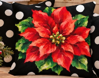 Red Poinsettia Christmas Pillow, 18x18 Holiday Throw Pillow, Black and White Polka Dot Farmhouse Decor, HOLIDAY GIFT