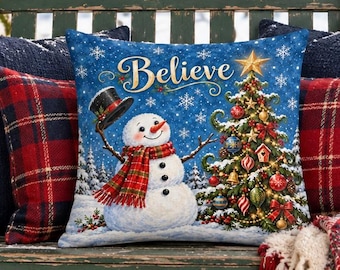 Believe Snowman Christmas Pillow, 18x18 Double Sided Winter Throw Pillow, Blue Farmhouse Holiday Decor, Snowman Lover Gift