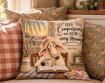 Christian Sheep Pillow, His Compassions Are New Every Morning, Lamentations 3:22–23, Reversible 18x18 Pillow, Matching Plaid Back