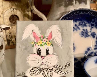 Hand painted, one of a kind mini 4x4 inch canvas Bunny with flower garland & Buffalo check bow,  Easter painting, Mother’s Day gift, magnet