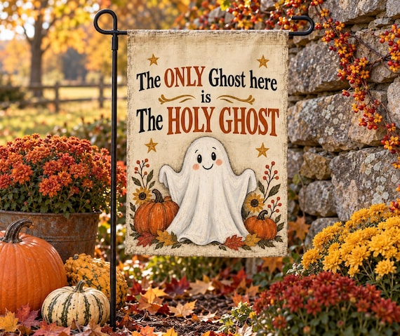 Holy Ghost Garden Flag, Christian Halloween Yard Decor, Friendly Ghost Fall Flag, Double Sided Faith Based Outdoor Decoration
