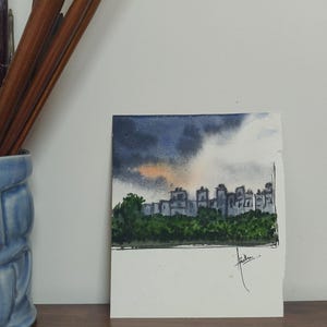 Watercolor Cityscape Painting: Urban Monsoon Ink Art on Handmade Paper