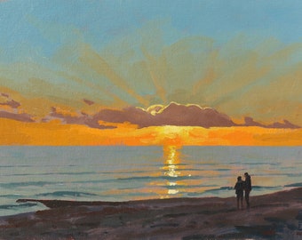 Sunset Walk, Hove Beach ~ Original Seascape Oil Painting by Elliot Roworth