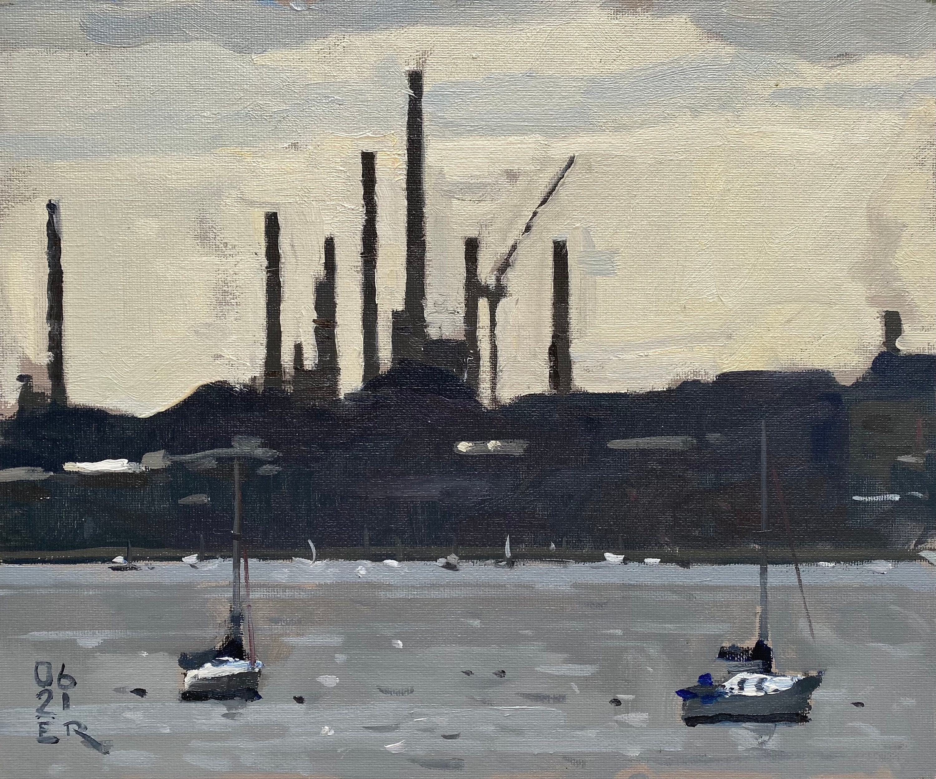 Industrial Landscape Across River Test ~ Original 8x20 landscape oil painting by Elliot Roworth