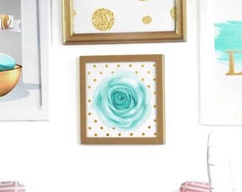Floral Wall Art - Shabby Chic Roses Chic Wall Art print Teal Glitter Polka Dots Shabby Chic Rose Teal office decor Instant Download wall art