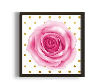 Kitsch Rose:  Pink Flower & Gold Glitter Polka Dots, Instant Download Poster
