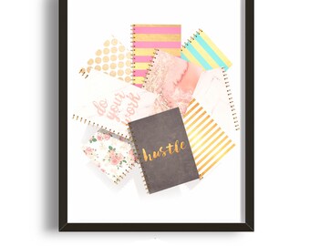 Office Wall Art - Feminine Styled Spiral Notebook Pile Printable Wall Art Poster, Instant Download Poster