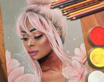 Nyane Lebajoa - Original Portrait, Black Girl Magic, Melanin, Chic Wall Art, Aesthetic, Pink Grey Painting, Pastel & Pencils