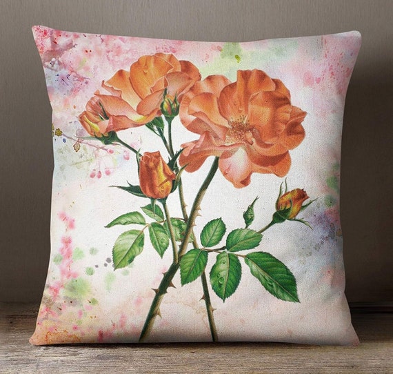 Orange Throw Pillow Covers Floral Print Cushion Cover Canvas Etsy