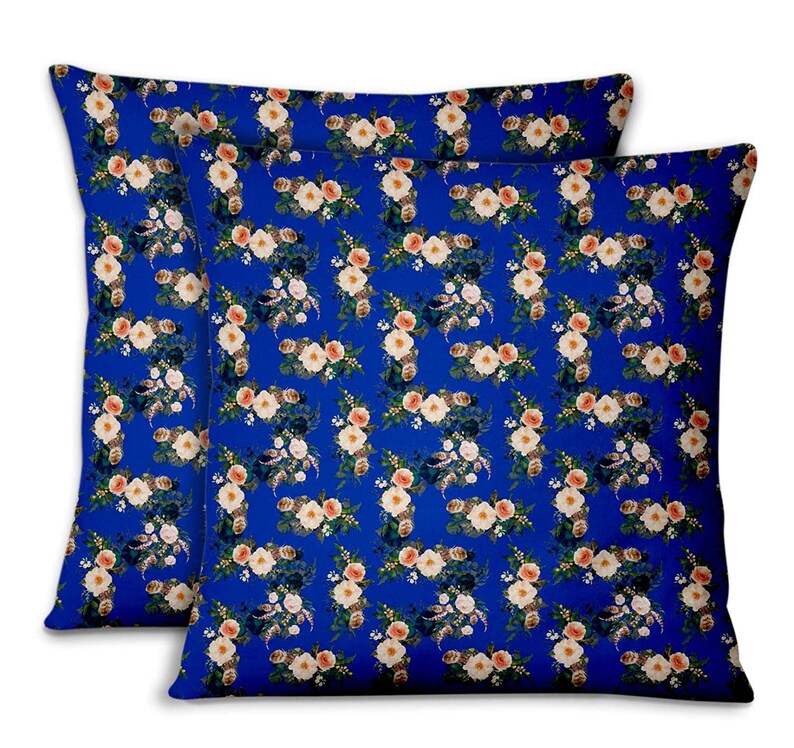 Square Floral Print Cotton Poplin Blue Cushion Cover Sofa Pillow Case Throw