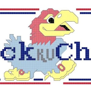 May include: A blue and yellow cartoon bird with a red head and beak, wearing a blue shirt with the word "KU" on it. The bird is standing on a white background with a blue and red border. The text "Rock Chalk" is written in blue letters below the bird.