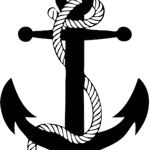 May include: A black anchor with a rope wrapped around it. The anchor is a nautical symbol of hope and safety.