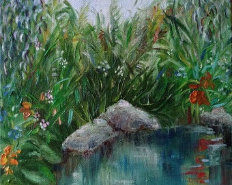 Backwater Original Oil Painting Modern Impressionism Summer Pond Waterscape Bright Color Art Unique Gift Living Room Decor Romantic Story