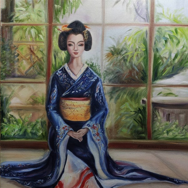 Kyoto Geisha glimlach Japans traditioneel geklede vrouwenportret Origineel schilderij Figuratieve kunst Uniek cadeau Tuinraam Home decor