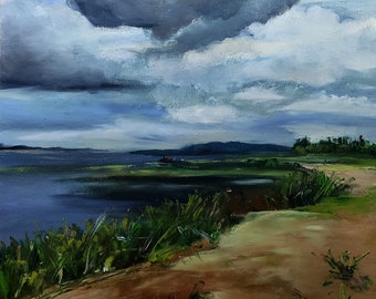 Pintura de paisagem com céu nublado, arte de parede pequena, pintura original, arte ucraniana, presente criativo para ele, pintura a óleo sobre a natureza, paisagem aquática.