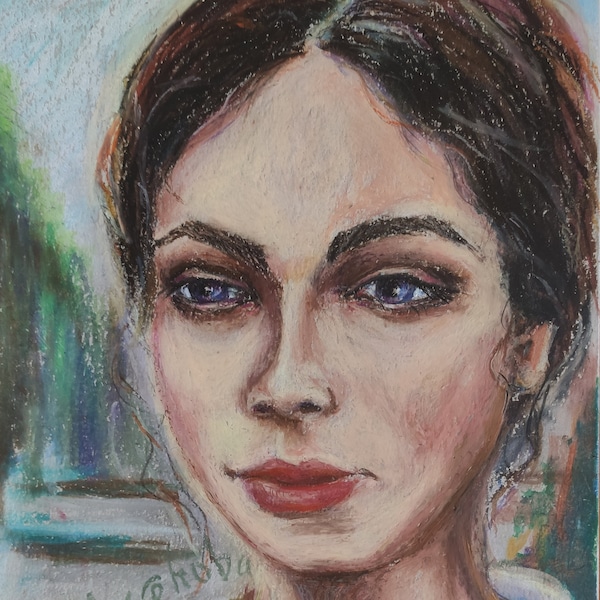 My Mona Liza Mysterious Stranger Yong Woman portrait Original Oil pastel Drawing Living room decor Bedroom Art Ukrainian Art Unique gift