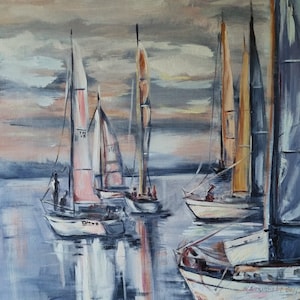 Yachts on Sunset Digital Art Print Impressionist Style Seascape Contemporary Wall Decor Unique Gift Idea Nautical Csenery Living Room Art