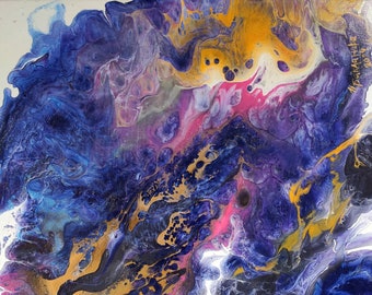 Abstract Original Painting Fluid Art One of a kind, Purple Gold Blue, Colorful Wall Art Living Room Decor Unique Holiday Gift Teen Room Art