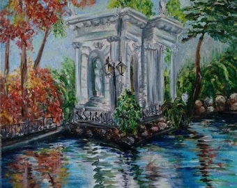 Fall in Borghese Garden Modern Original Impressionism Art Bright Color Art Rome City View Water Reflection Art