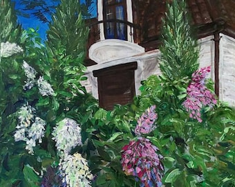 Lilac bloom Original painting Spring Nature Scenery Living room Decor Vibrant Floral landscape Bedroom Art Contemporary Wall Art Unique Gift