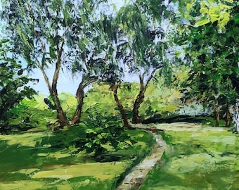 Summer landscape Original painting Small textured wall art Apartment decor
