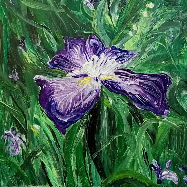 Iris Unique Gift Girl's Room Art Blue Green Violet Flower interior Original acrylic painting Fresh Colors Living Room Decor Dining Room