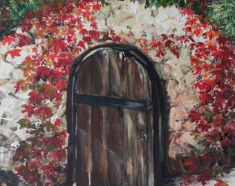 Indian summer  Old Wooden Door in the autumn  Wild Grape Original  painting  Unique housewarming gift  Cozy Living Room Large Wall Art Decor