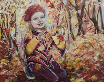 Autumn Joy Girl with leaves Fall Landscape Original Large Contemporary Figurative painting Children's Room Decor Unique Gift Modern Wall Art